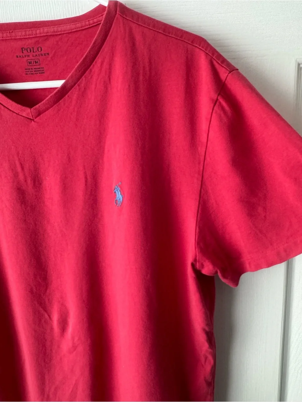 Polo Ralph Lauren Red V Neck T Shirt M Cotton Blue Pony Quiet Luxury Embroidered